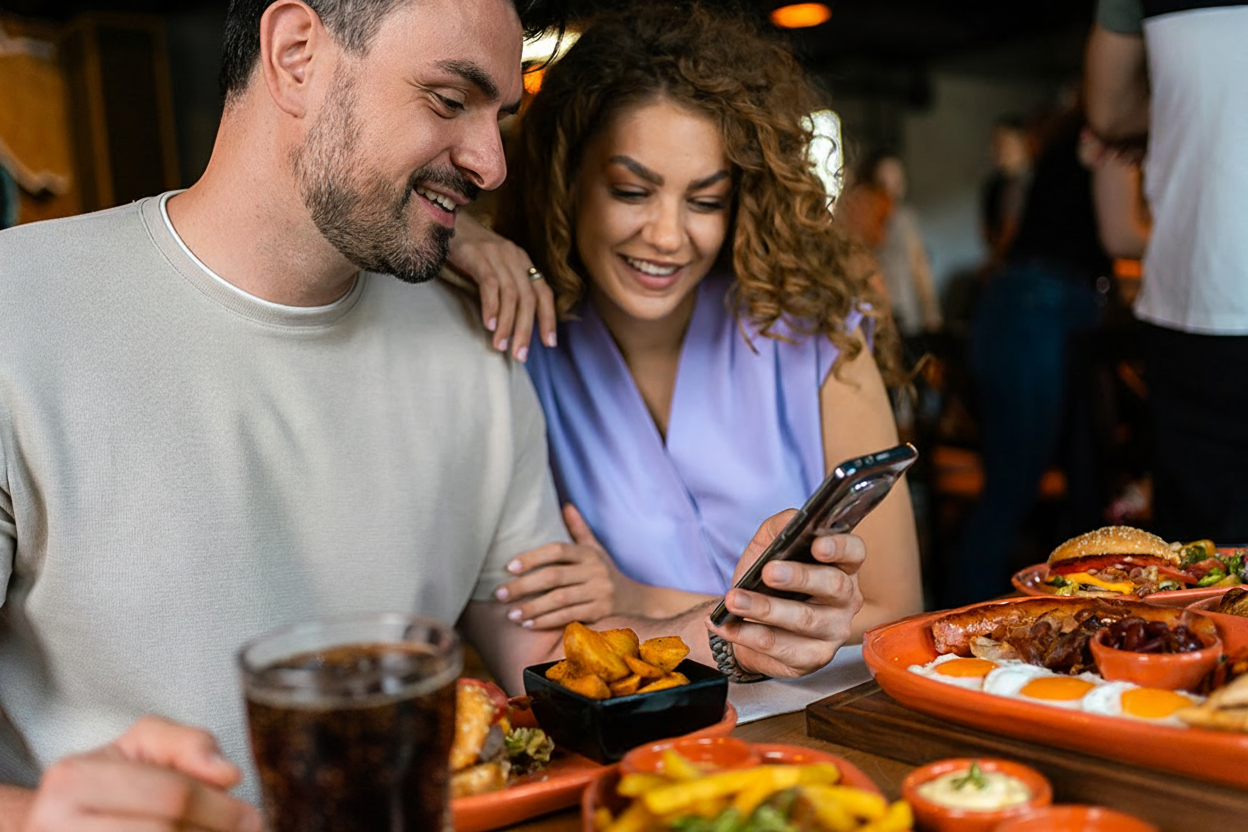 A couple smiles while looking at a smartphone at a table with food.