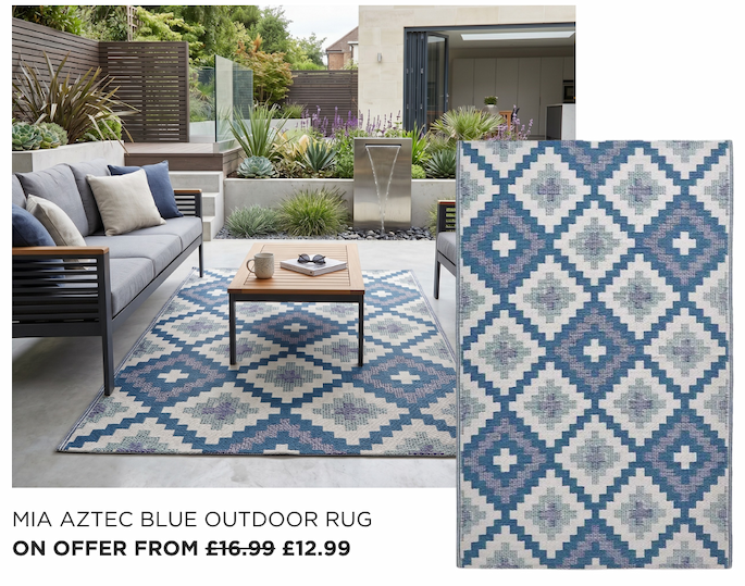 Blue outdoor rug handwoven from 100% recycled plastic this colourful garden rug features a blue Aztec style geometric pattern is light weight and weather resistant.