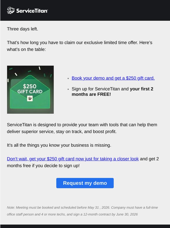 Our offer is almost ending, get $250 + 2 months on us!