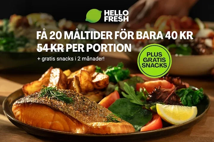 HelloFresh: 20 måltider för 40 kr per portion + gratis snacks i 2 månader