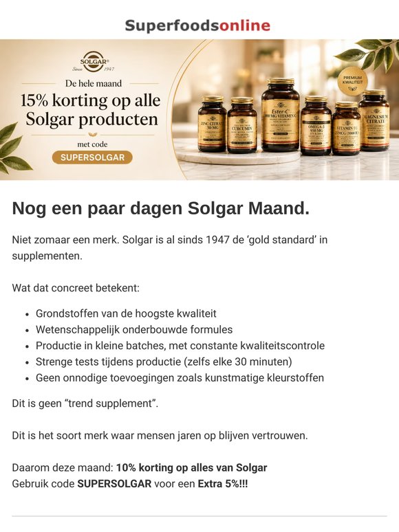 Laatste dagen Solgar Maand: 15% korting + slim combineren = méér voordeel