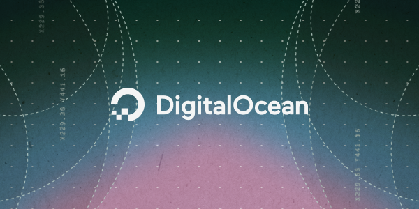 DigitalOcean logo with a stylized cloud icon on a blue-green to pink gradient background with dotted grid and arc patterns.