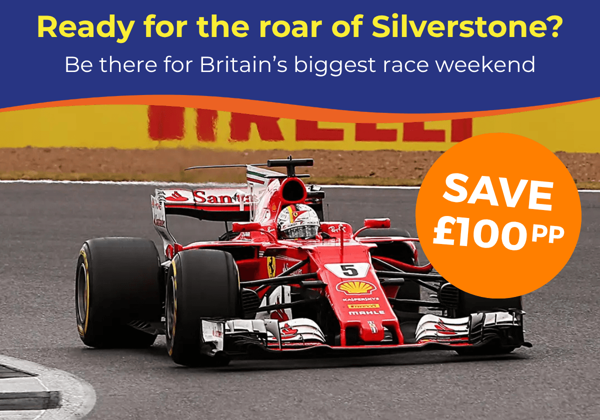 A red Formula 1 car racing on a track, with promotional text about Silverstone's race weekend.