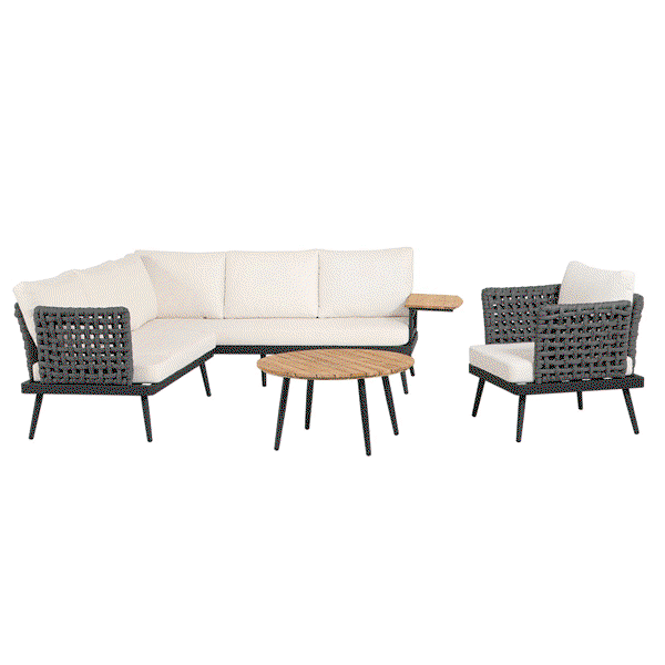 13tlg. Gartenmöbel Lounge-Set mit Sofa & Coffee Table aus Rope - Grau mit Teakholz