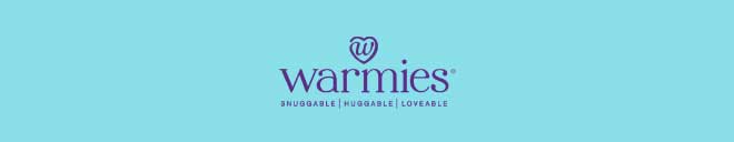Peanuts x Warmies logo on blue. Shop Warmies.