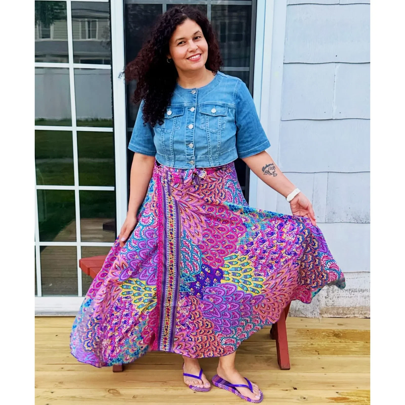 Stacey J in the Peacock Floral Printed Wrap Skirt