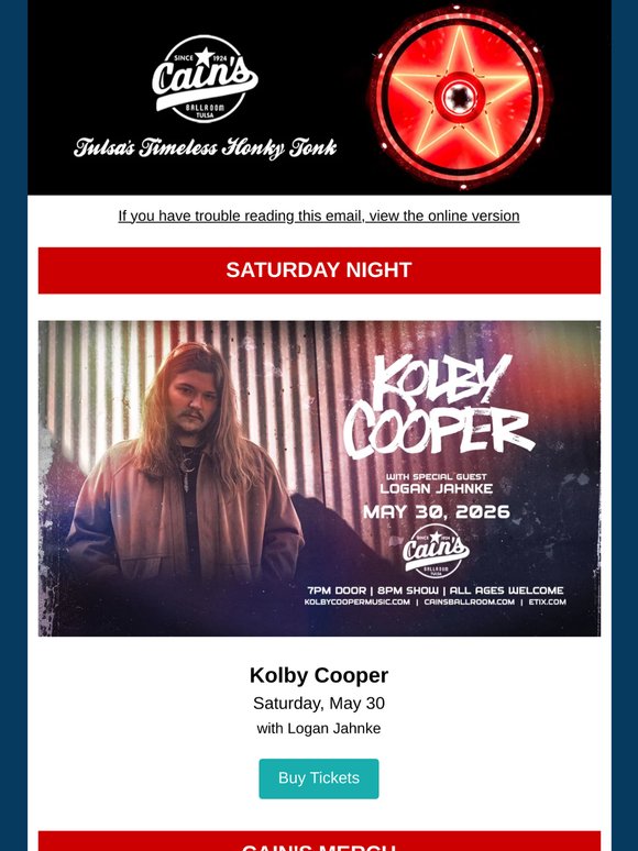 Kolby Cooper on Saturday! Shakey Graves, Mack Geiger, Buckethead, Kat Hasty, Pop Punk Nite coming soon!