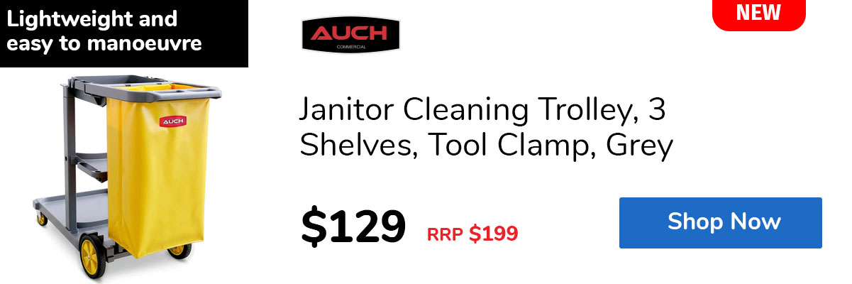 Janitor Cleaning Trolley, 3 Shelves, Tool Clamp, Grey
