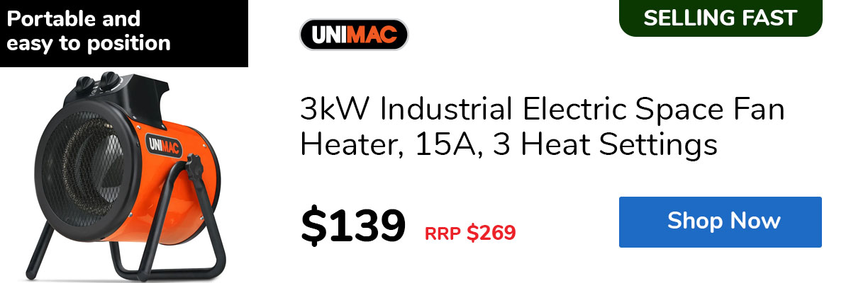 3kW Industrial Electric Space Fan Heater, 15A, 3 Heat Settings