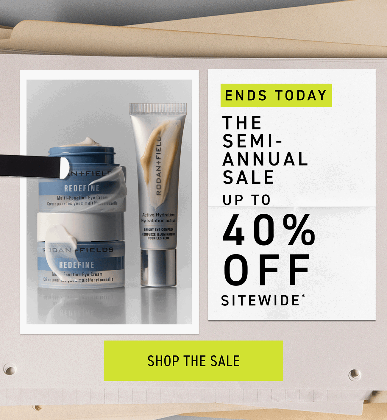 The semi-annual sale ends tomorrow. Up to 40% off sitewide. CTA: SHOP THE SALE