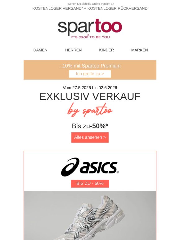 📣 Halten Sie sich bereit! Bis zu -50 % auf Selected, Asics mit kostenloser Lieferung