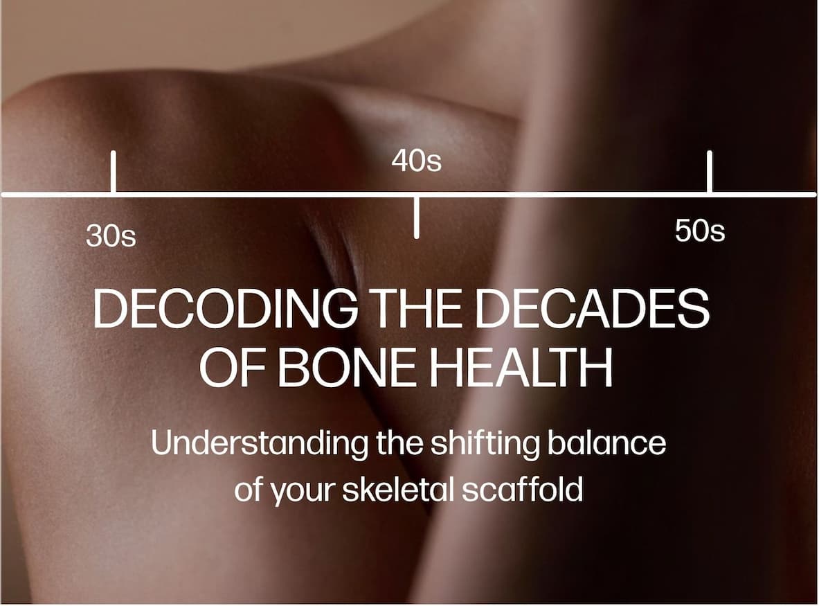 Close-up of a woman's shoulder. Decode the decades of bone health and understand the shifting balance of your skeletal scaffold.