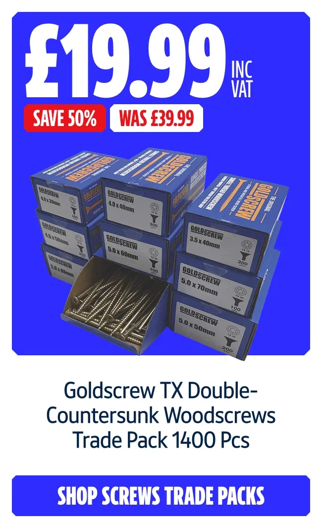 £19.99 INC VAT SAVE 50% WAS £39.99 Goldscrew TX Double-Countersunk Woodscrews Trade Pack 1400 Pcs. Shop screws trade packs.