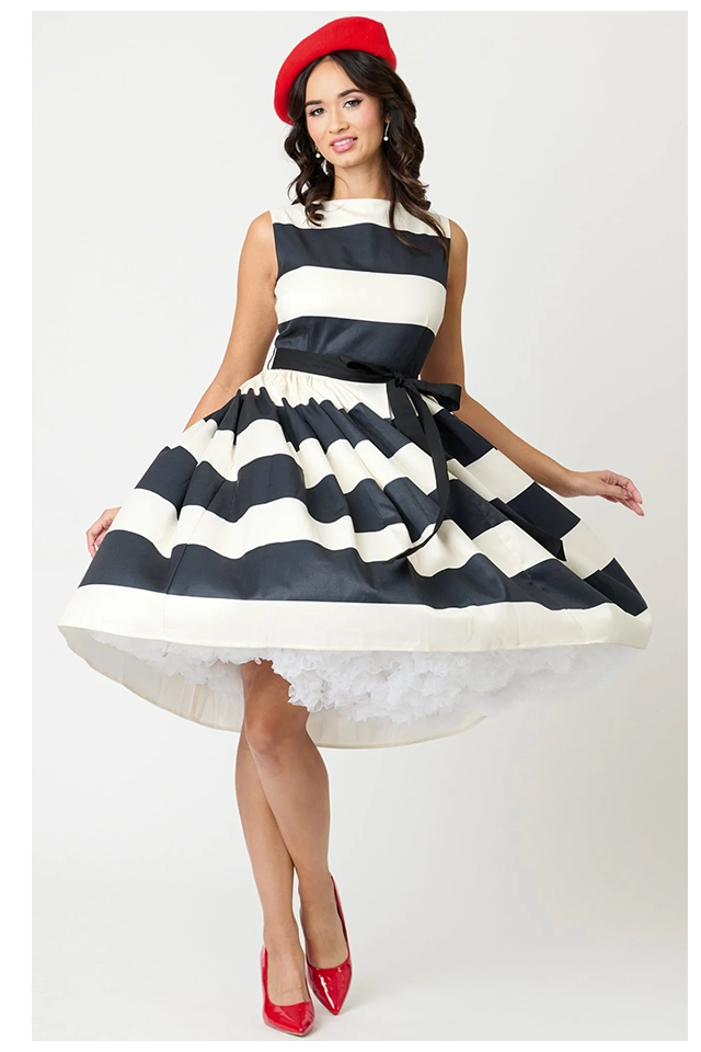 Unique Vintage Black & Ivory Stripe Swing Dress