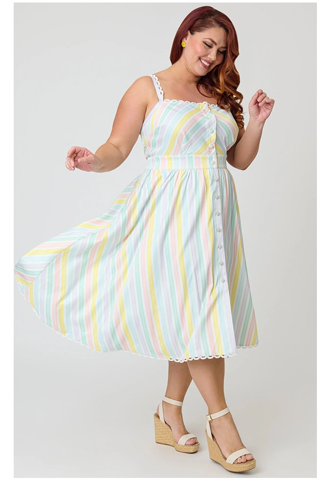 Unique Vintage Plus Size Pastel Stripe Piper Swing Dress