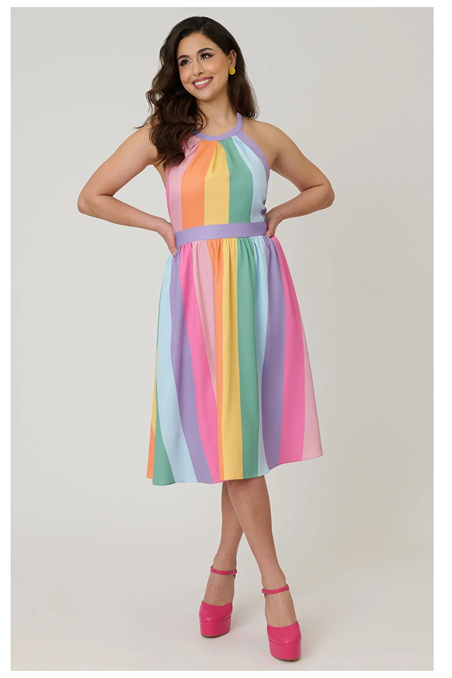 Unique Vintage Pastel Rainbow Stripe Lombard Swing Dress
