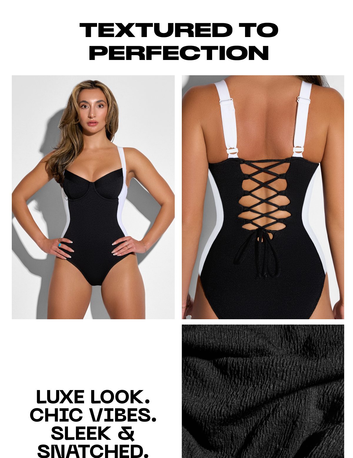 Black one-piece swimsuit with textured fabric and lace-up back design.