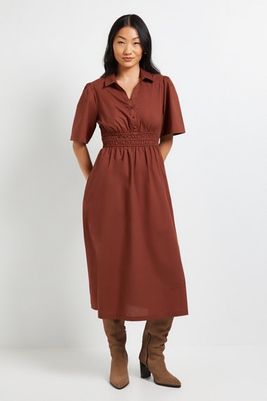 Petite Collar Shirred Waist Detail Poplin Midi Dress