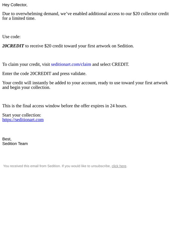 Your $20 art credit expires in 24 hours