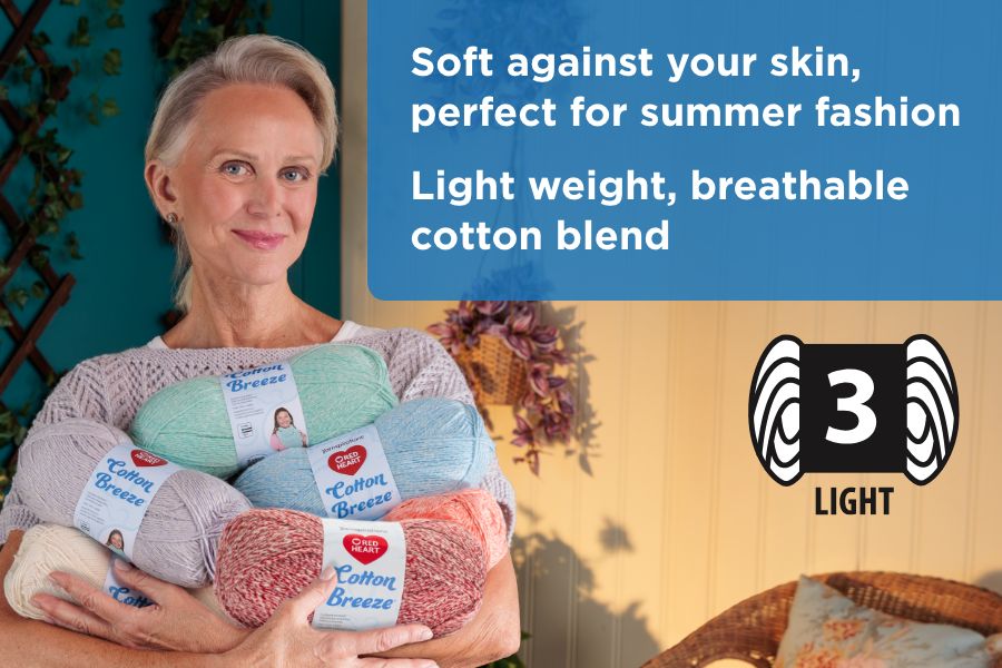 This #3 DK blend of acrylic and cotton offers the perfect balance of softness, durability, and easy care.