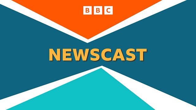 A treated image showing dark blue, light blue, white and orange shapes, with ‘Newscast’ written in capital yellow letters through the middle, below a white BBC symbol.