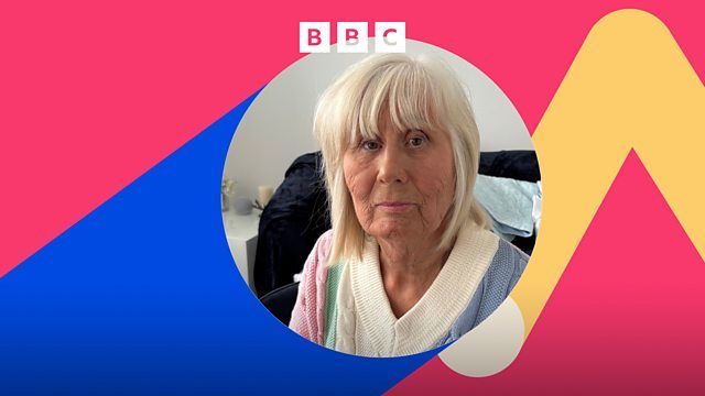 A woman sits in a black armchair. She wears a colourful knitted jumper. The image is cropped in a circle, and overlaid on a background graphic of abstract pink, blue and yellow shapes. The BBC logo is in white at the top.