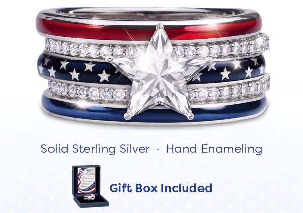 It has a 2-carat simulated diamond, 5 individual stacking bands, solid sterling silver and hand enameling.