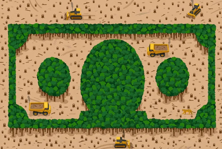 An illustration of trucks logging a forest so the trees form a dollar bill