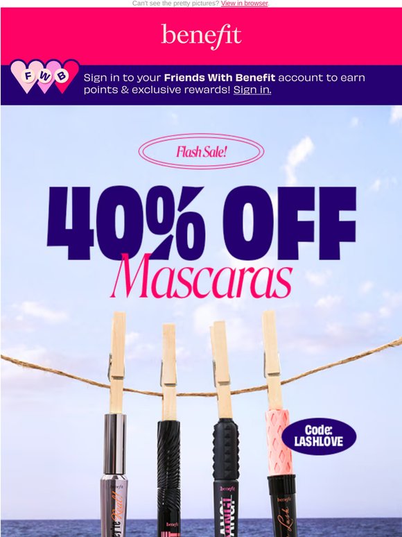 40% off ALL mascaras for longer summer lashes ☀️