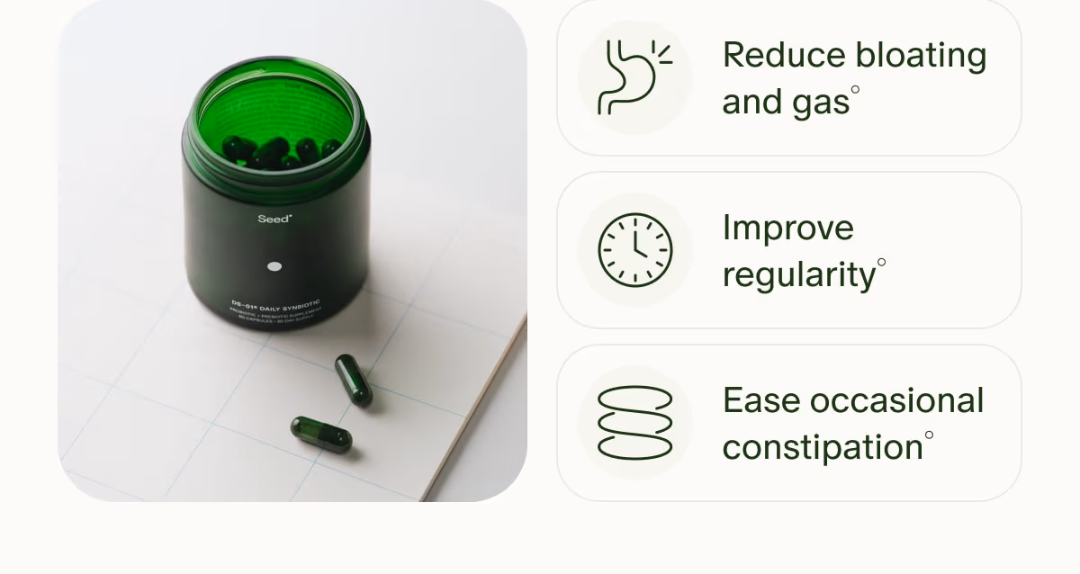 Reduce bloating and gas° | Improve regularity° | Ease occasional constipation°