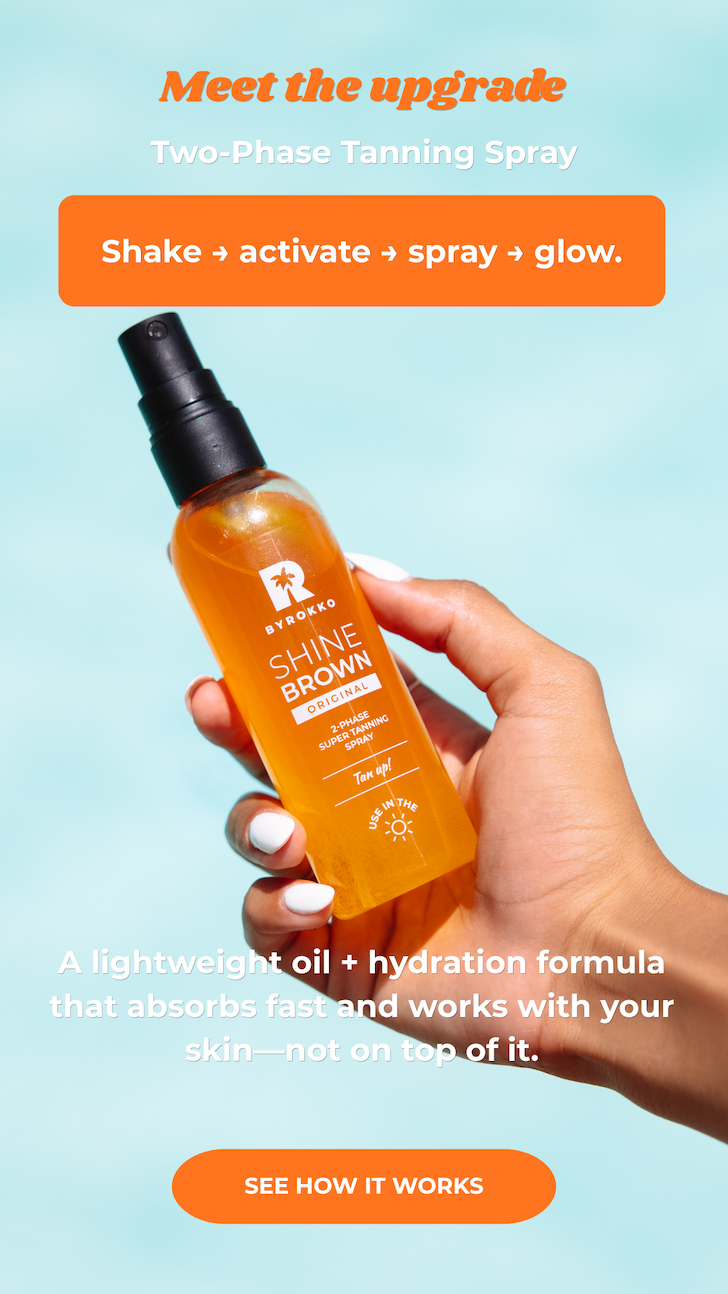 A bottle of Byrokko Shine Brown Tanning Spray with text about its benefits.