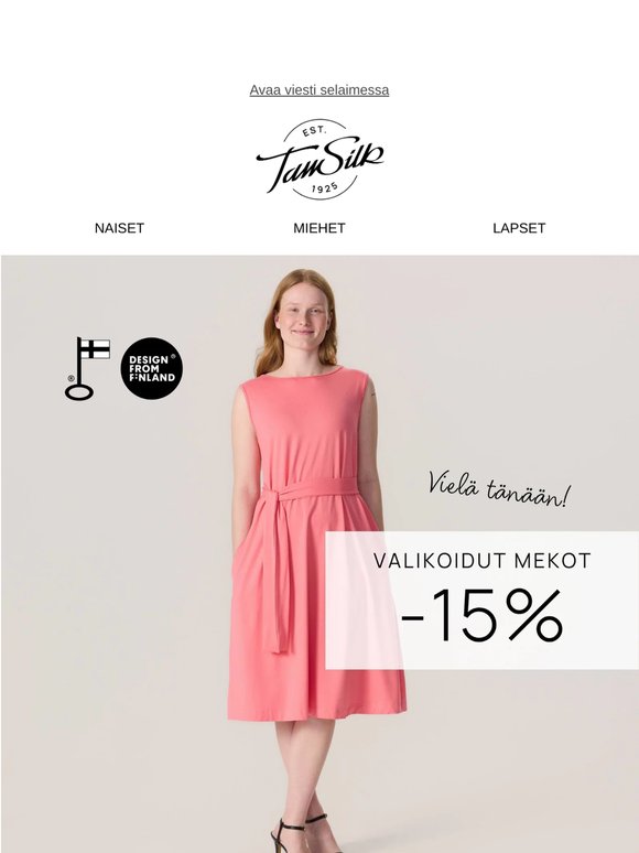 -15% vielä tänään: tilaa mekko viikonlopuksi 🎉