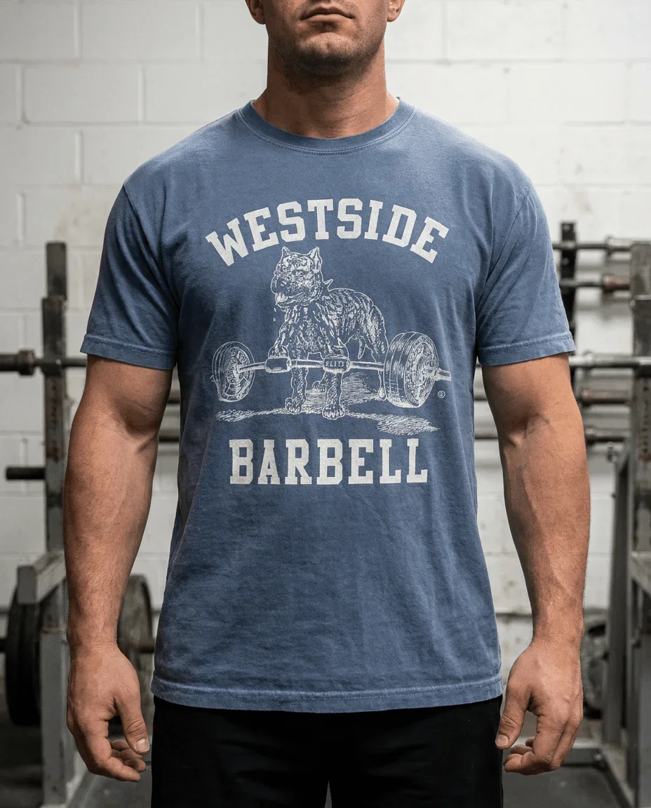 Athletic man wearing Westside Barbell Washed Denim t-shirt in the gym