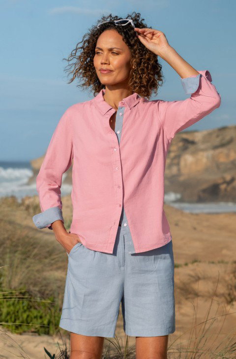 Ladies Linen Blend Contrast Trim Shirt