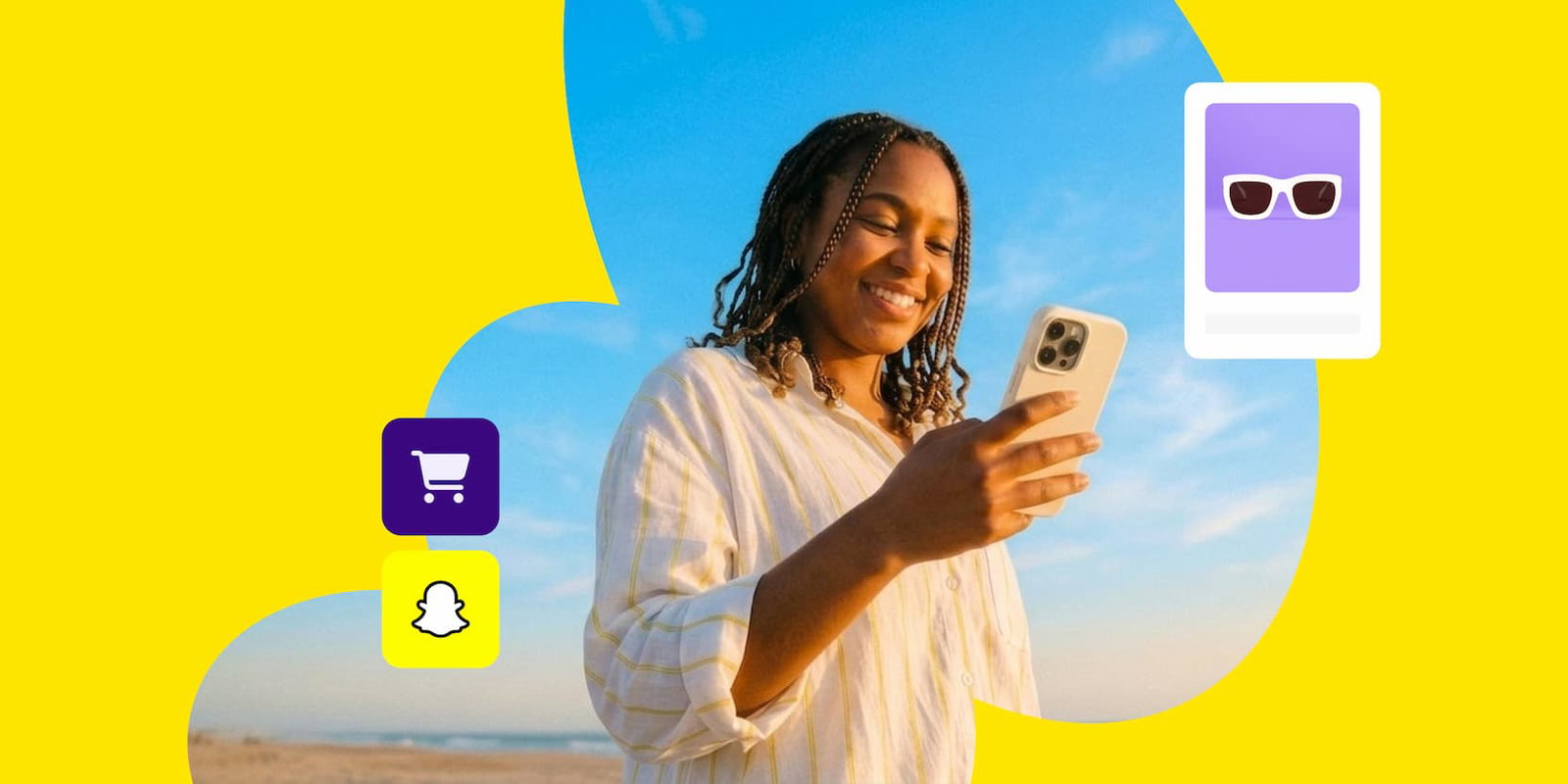 A smiling woman looking at her smartphone against a bright beach and blue sky background, framed by vibrant yellow graphics. Digital icons float around her, including a shopping cart, the Snapchat logo, and a purple product card showing a pair of sunglasses, illustrating mobile shopping on social media.