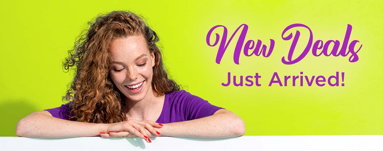 Woman pointing down at "New Deals are Here!" text.