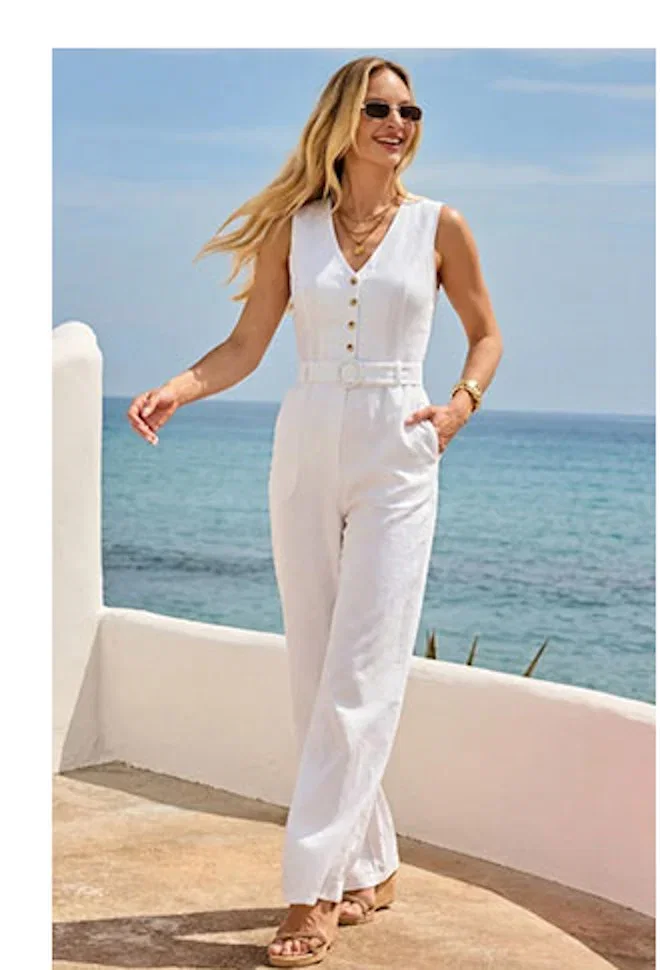 Ivory Linen Blend Belted Sleeveless Jumpsuit