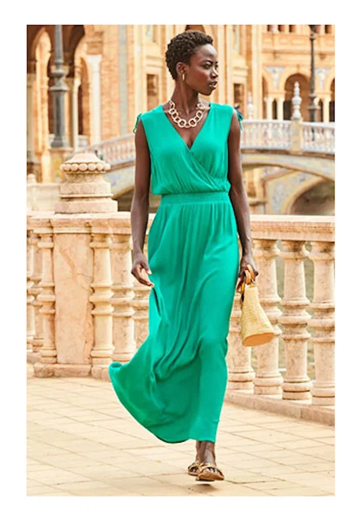 Emerald Green Tie Shoulder Crinkle Maxi Dress