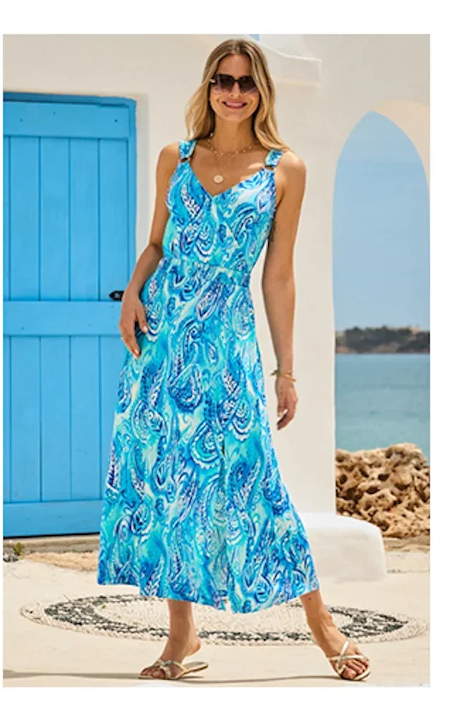 Blue Paisley Print Faux Wrap Midaxi Dress