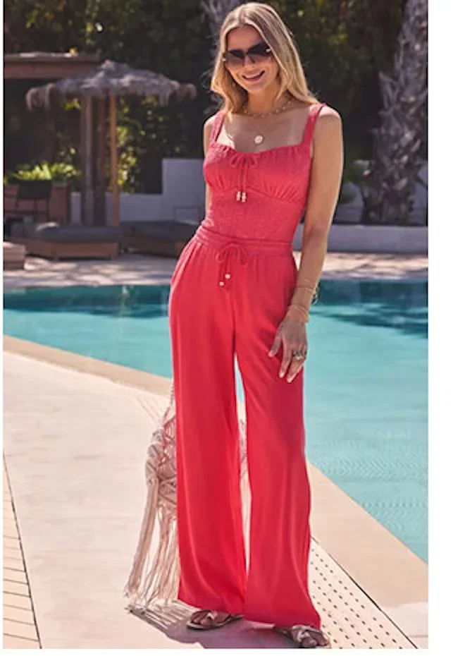 Coral Drawstring Waist Wide Leg Trousers