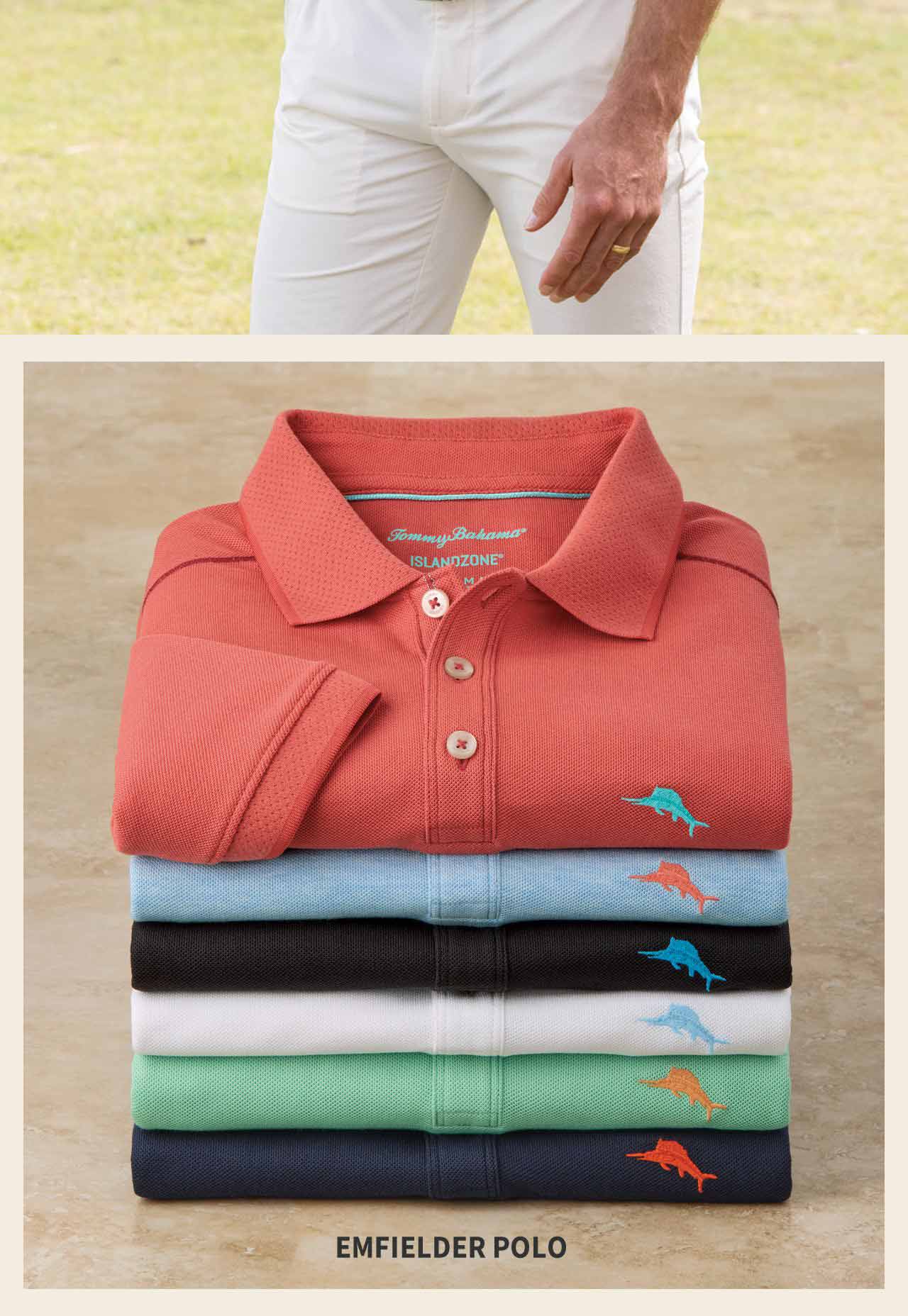 Tommy Bahama Emfielder Polo — Available in coral, blue, black, green and more