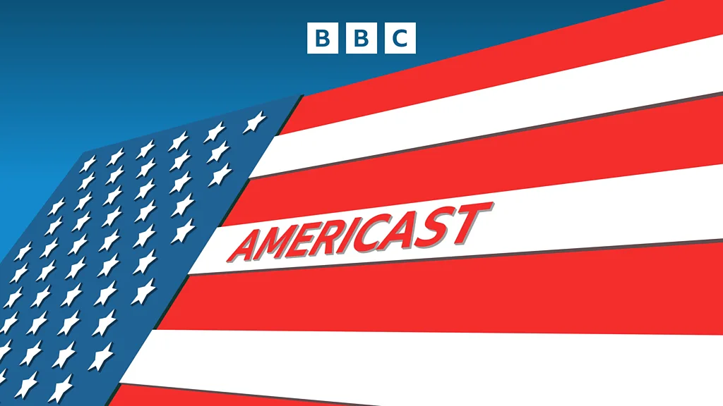 The Americast logo is a cropped stylised image of the American flag. Americast is written in red text on one of the flag’s white stripes. A white BBC logo is at the top of the image.