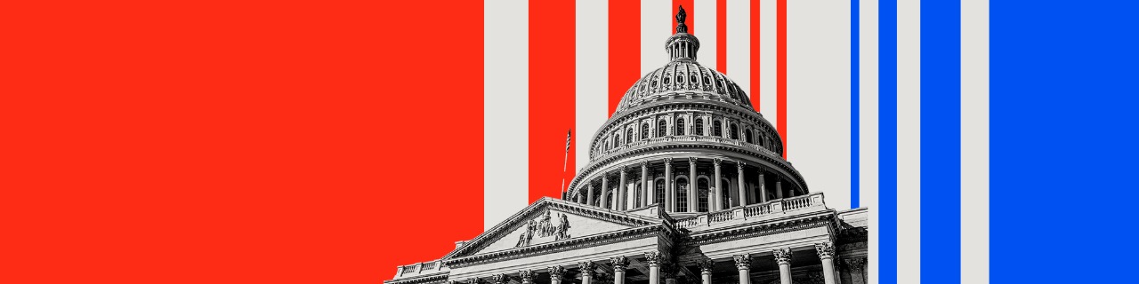 The Capitol Building is portrayed in black and white on a background of red, grey and blue, converging in stripes behind the roof.