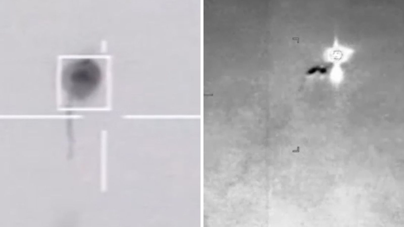A grainy split image shows UFOs through military software in a black and white. On the left is a circular UAP being tracked in cross hairs and on the right a shining ball of light and a dark shape.
