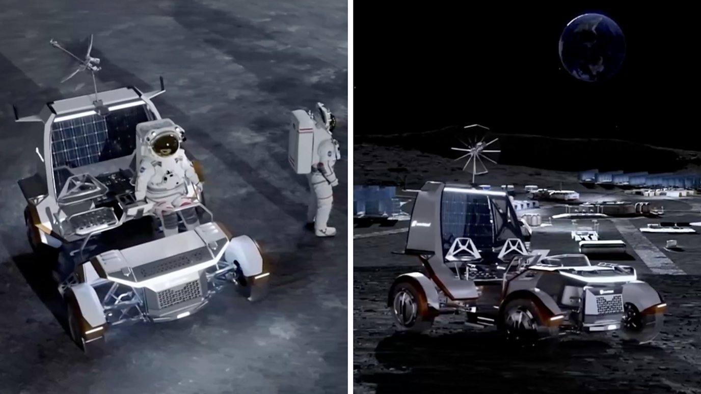 Two side-by-side digital renderings of NASA's next-generation 'Pegasus' Lunar Terrain Vehicle (LTV) on the grey surface of the Moon. On the left, a suited astronaut sits in the driver's seat while another stands nearby; on the right, the empty rover sits parked near a lunar base camp with the Earth visible in the dark background.
