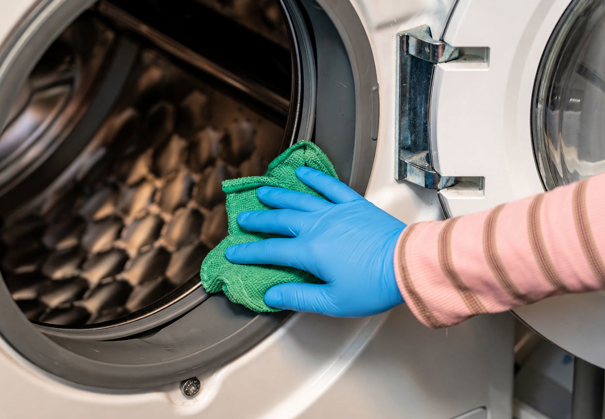 Blue gloved hand cleaning the gasket of a front load washer
