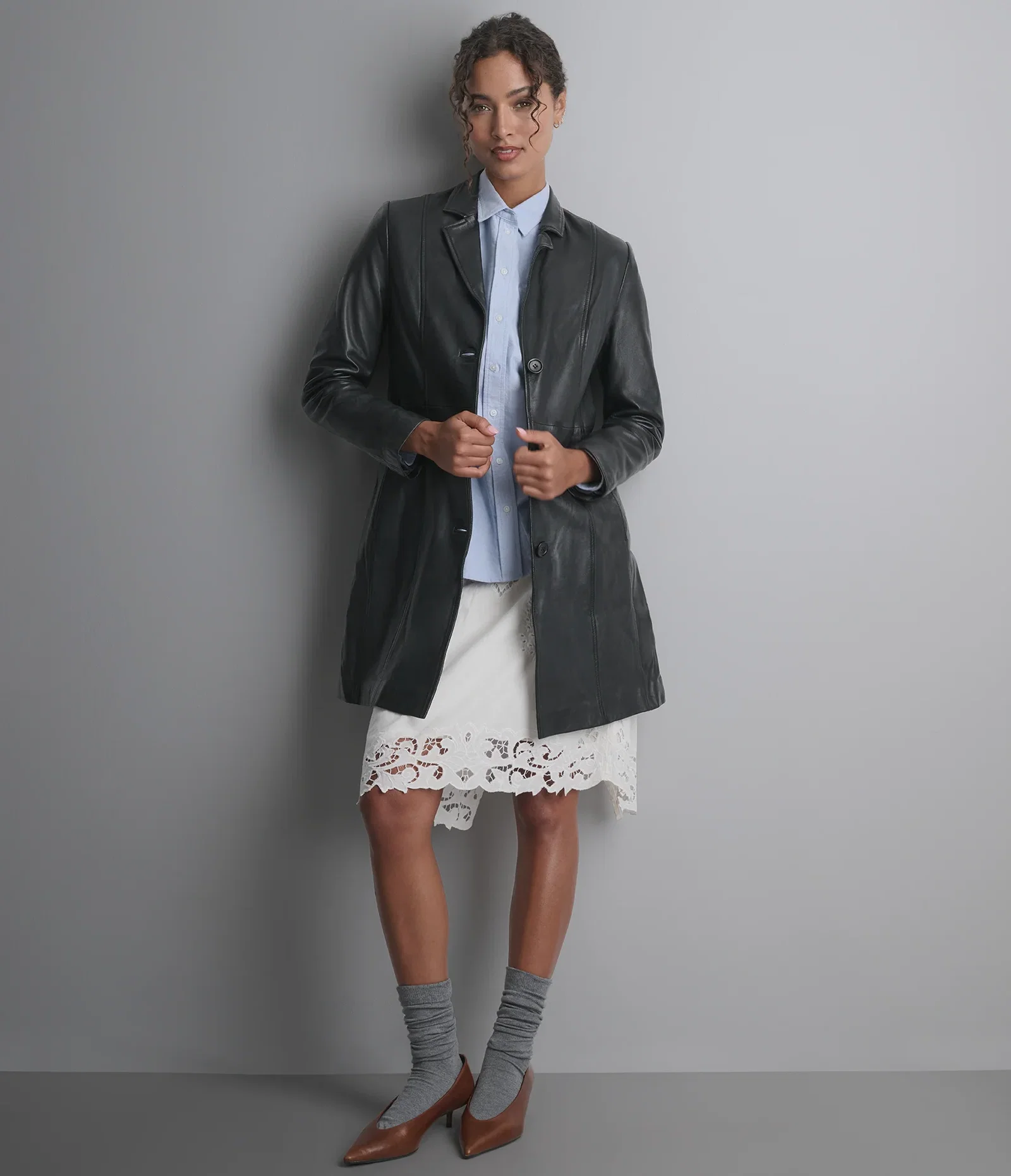 Image of Nora Button Down Leather Trench Coat