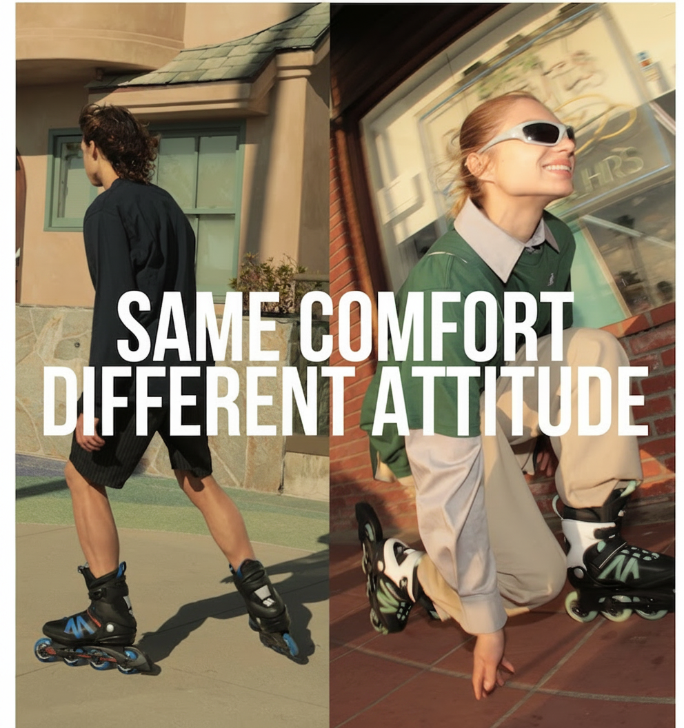 Two people on rollerblades with text "SAME COMFORT DIFFERENT ATTITUDE".