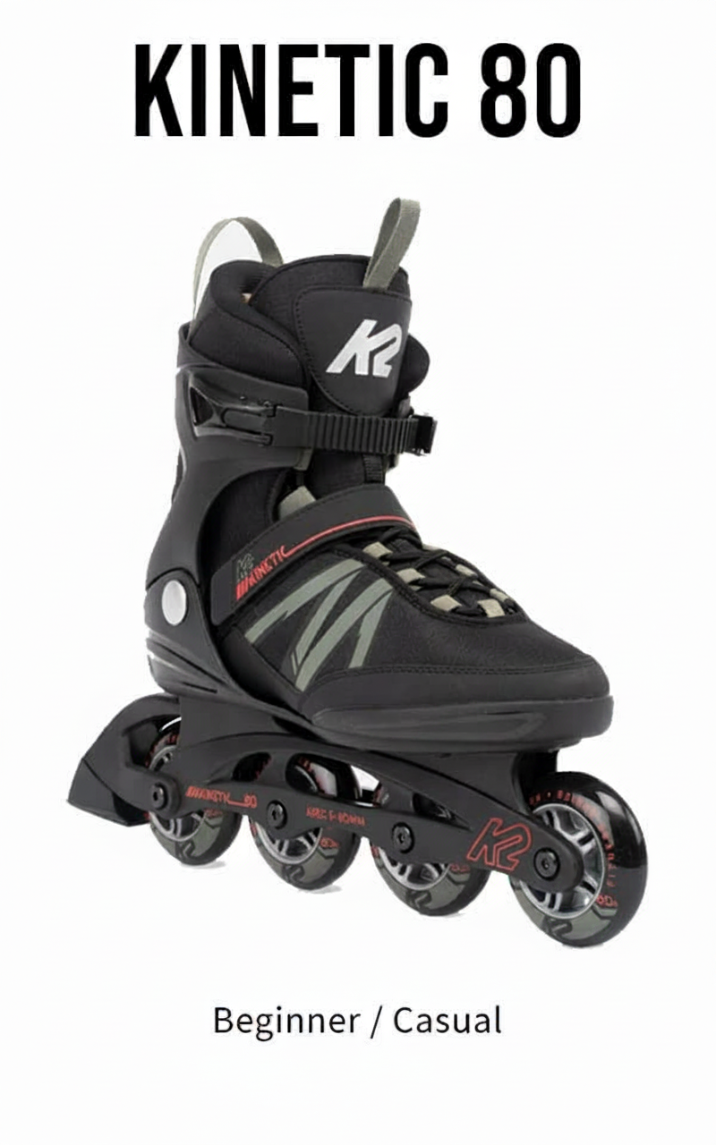 Black K2 Kinetic 80 inline skates for beginner/casual use.