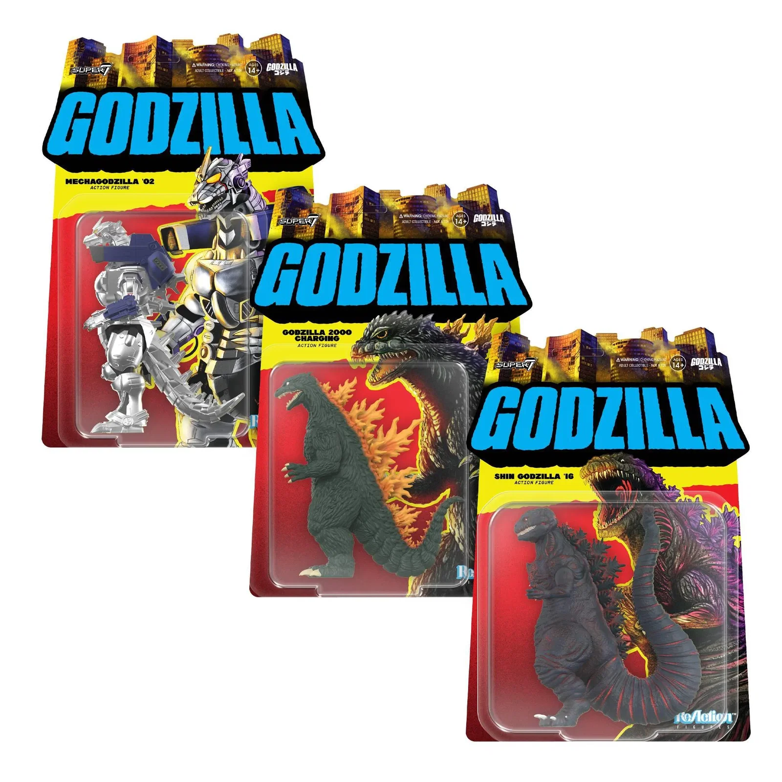 Image of Toho ReAction Figures Wave 10 - Godzilla (2000, Charging), Mechagodzilla (2002) & Godzilla (Shin)